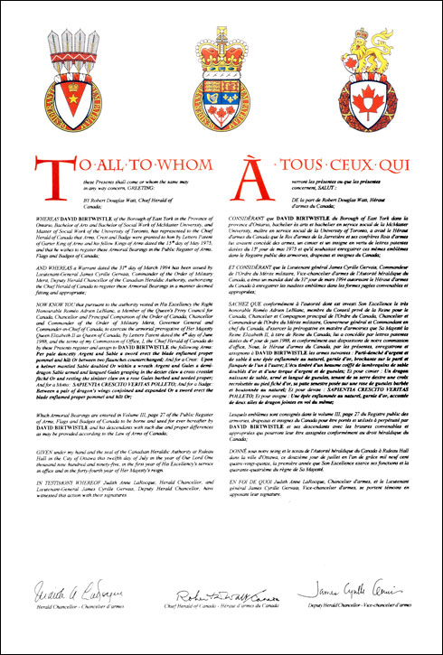 Lettres patentes enregistrant les emblèmes héraldiques de David Birtwistle