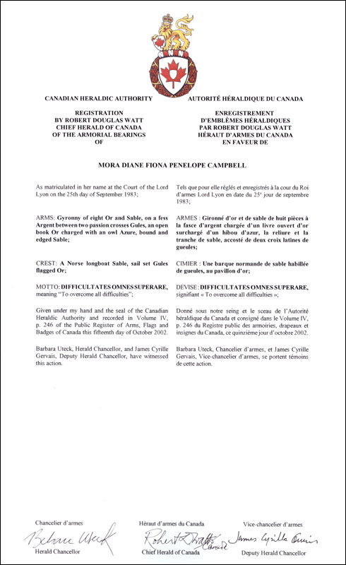 Lettres patentes enregistrant les emblèmes héraldiques de Mora Diane Fiona Penelope Campbell