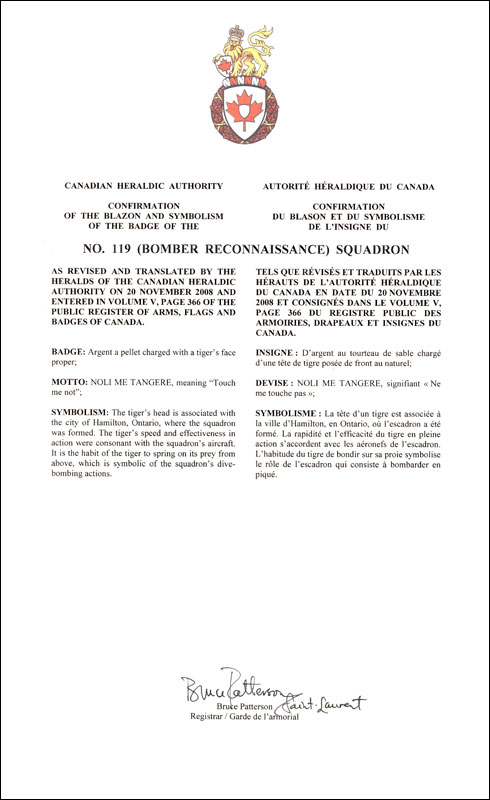 Lettres patentes confirmant le blasonnement de l'insigne du No. 119 (Bomber Reconnaissance)