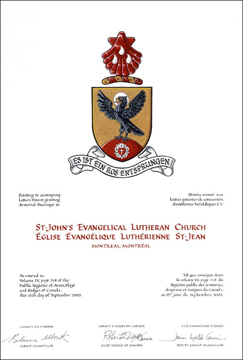 Letters patent granting heraldic emblems to St. John's Evangelical Lutheran Church, Montreal