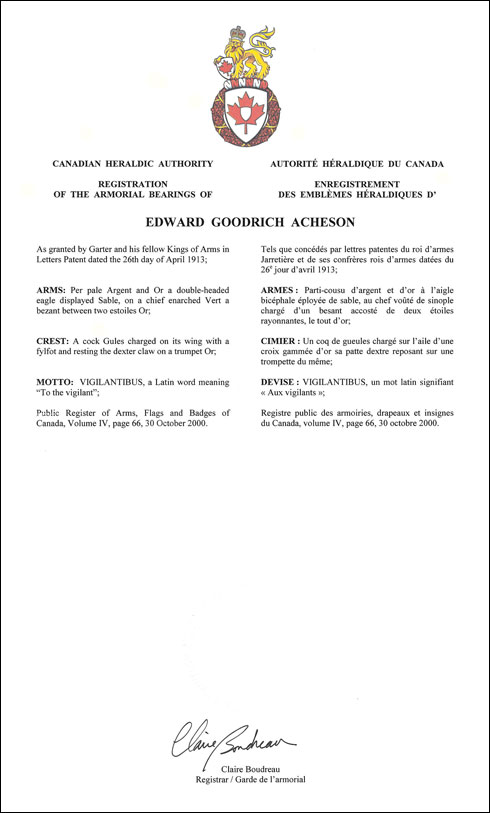 Lettres patentes enregistrant les emblèmes héraldiques d'Edward Goodrich Acheson