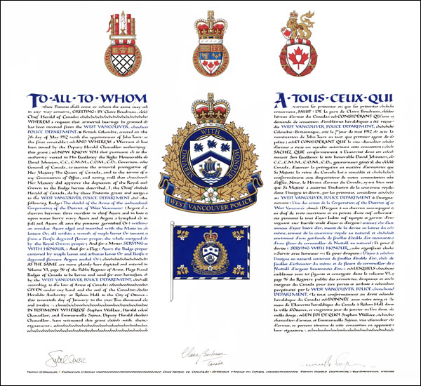 Lettres patentes concédant des emblèmes héraldiques au West Vancouver Police Department