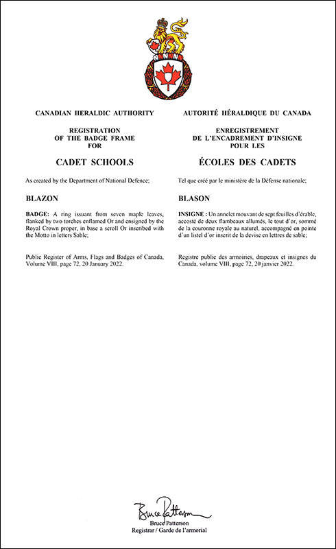 Letters patent registering the badge frame for Cadet Schools of the Canadian Armed Forces