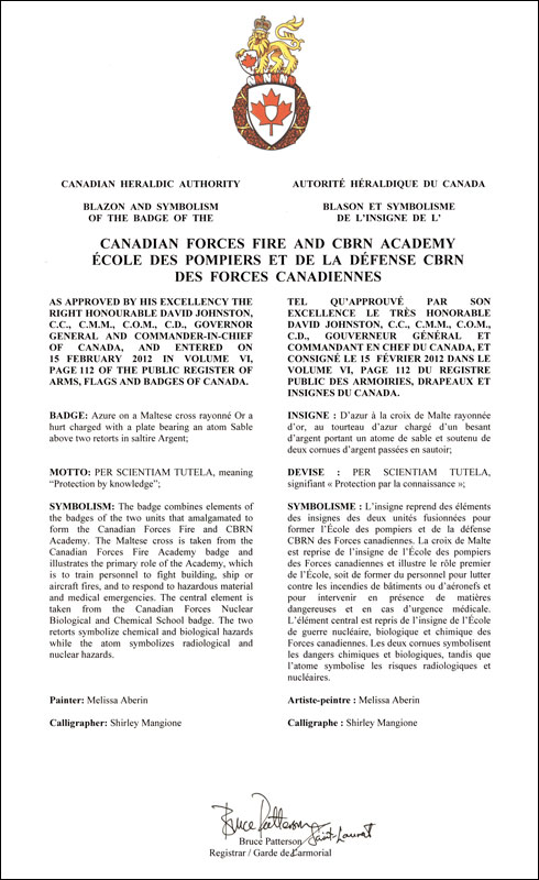 Letters patent approving the Badge of the Canadian Forces Fire and CBRN Academy