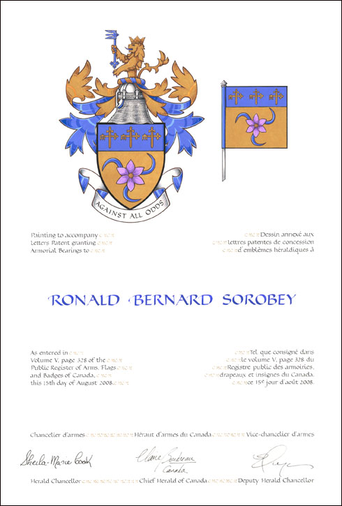 Letters patent granting heraldic emblems to Ronald Bernard Sorobey