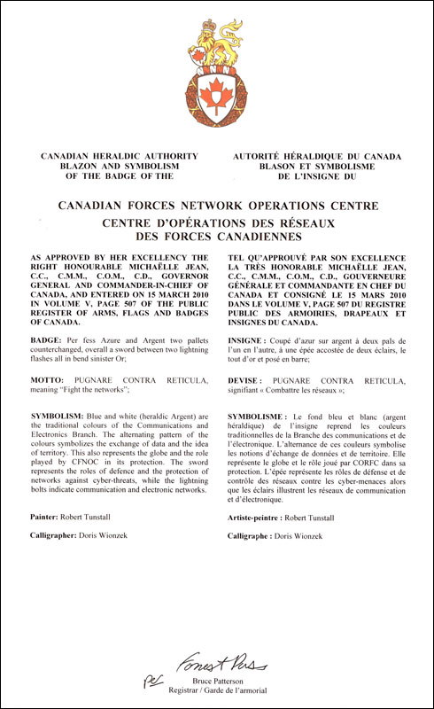 Letters patent approving the Badge of the Canadian Forces Network Operations Centre