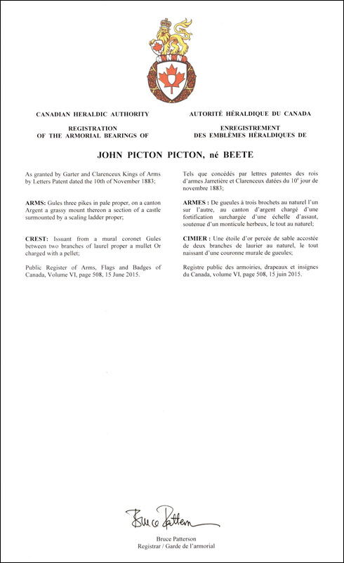 Lettres patentes enregistrant les emblèmes héraldiques de John Picton Picton (né Beete)
