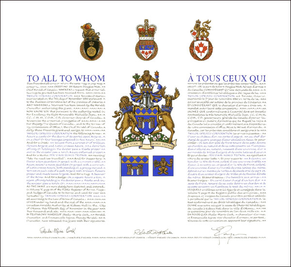 Lettres patentes concédant des emblèmes héraldiques à Taylor/Sprules Corporation