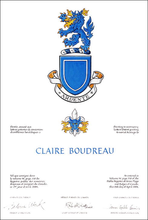 Lettres patentes concédant des emblèmes héraldiques à Claire Boudreau