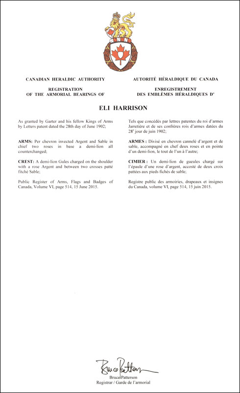 Lettres patentes enregistrant les emblèmes héraldiques d'Eli Harrison