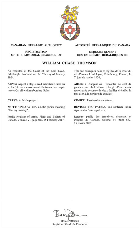 Lettres patentes enregistrant les emblèmes héraldiques de William Chase Thomson