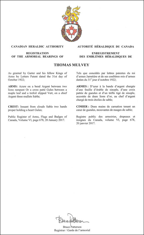 Letters patent registering the heraldic emblems of Thomas Mulvey