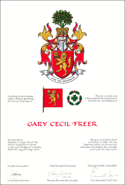 Letters patent granting heraldic emblems to Gary Cecil Freer