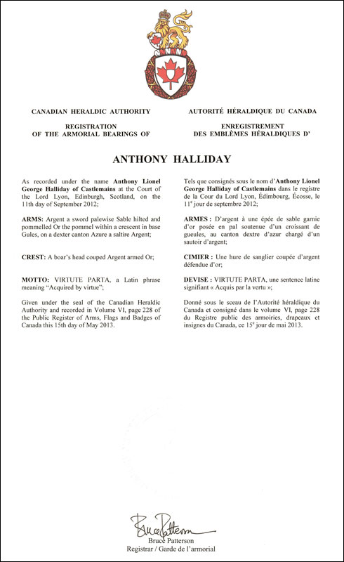 Letters patent registring the heraldic emblems of Anthony Halliday