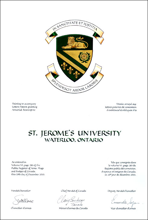 Letters patent granting heraldic emblems to St. Jerome's University