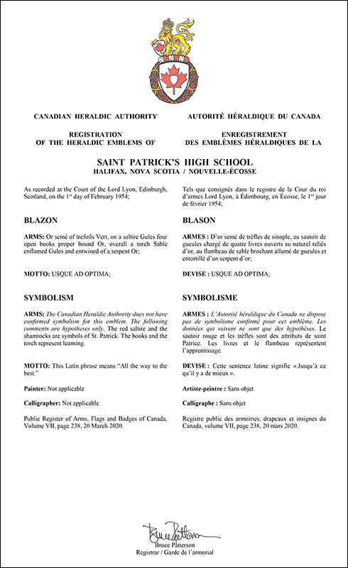 Lettres patentes enregistrant les emblèmes héraldiques de la Saint Patrick’s High School