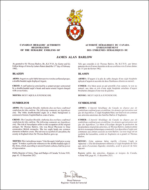 Lettres patentes approuvant les emblèmes héraldiques de James Alan Barlow