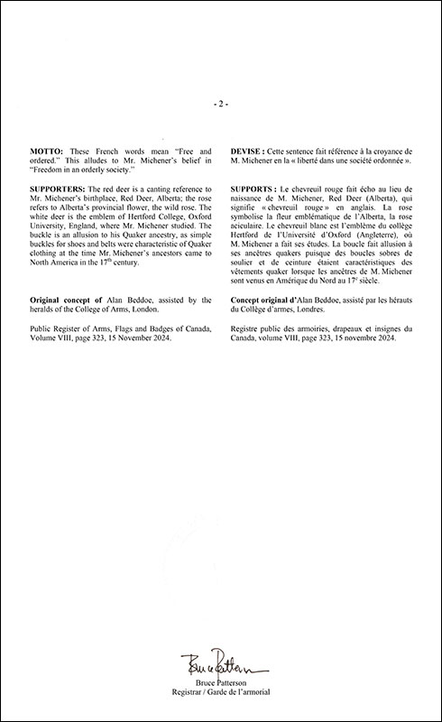 Lettres patentes enregistrant les emblèmes héraldiques de Daniel Roland Michener