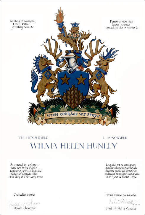 Letters patent granting heraldic emblems to Wilma Helen Hunley