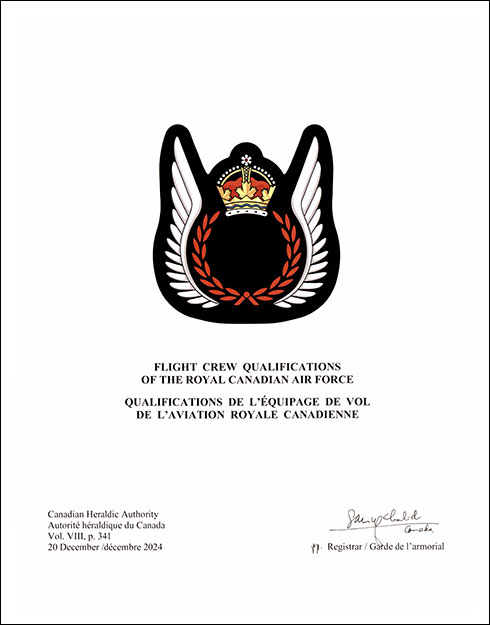 Lettres patentes enregistrant l'encadrement d’insigne de la Qualifications pour l'équipage de vol de l'Aviation royale cannadienne