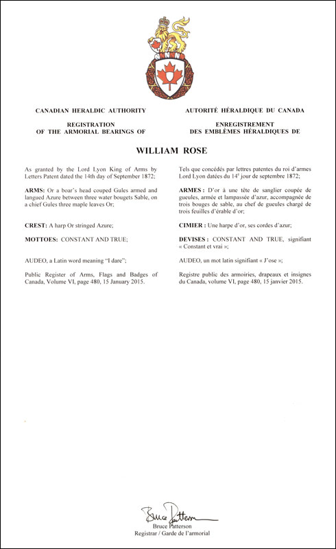 Lettres patentes enregistrant les emblèmes héraldiques de William Rose