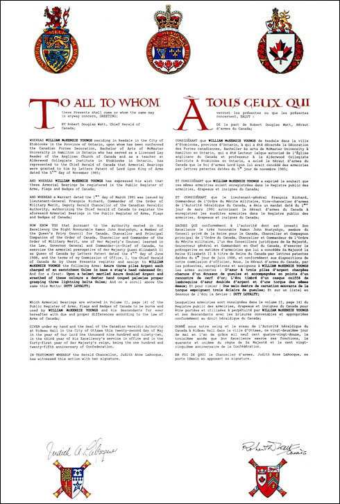Letters patent registering the heraldic emblems of William McKenzie Youngs