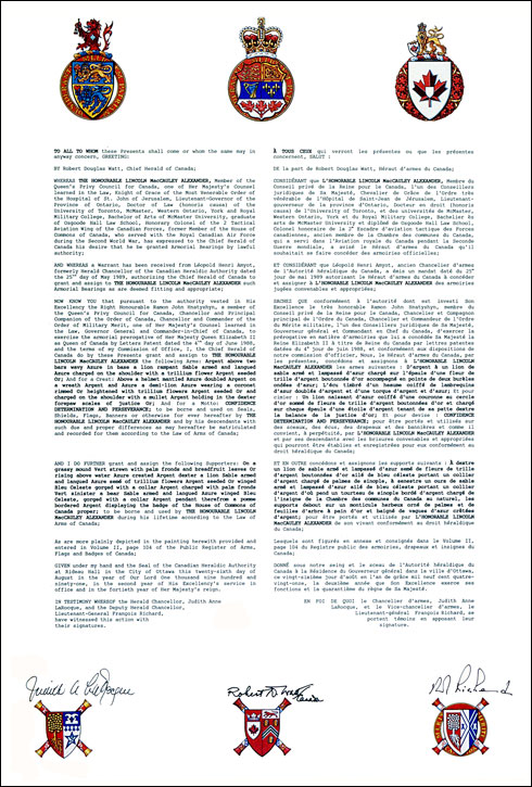 Letters patent granting heraldic emblems to Lincoln MacCauley Alexander
