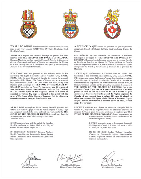 Letters patent granting heraldic emblems to The Synod of the Diocese of Brandon (also known as the Synode du Diocèse de Brandon)
