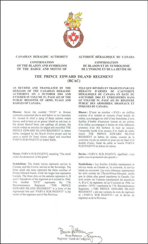 Letters patent confirming the blazon of the Badge of The Prince Edward Island Regiment (RCAC)