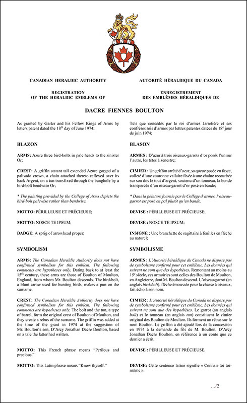 Lettres patentes enregistrant les emblèmes héraldiques de Dacre Fiennes Boulton