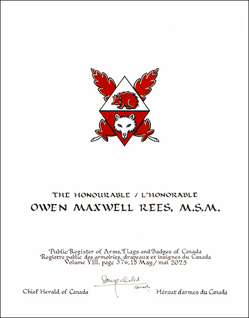 Lettres patentes concédant des emblèmes héraldiques à Owen Maxwell Rees