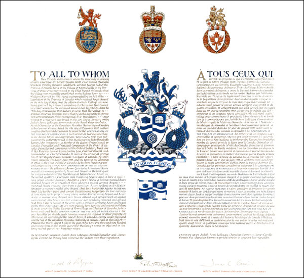 Letters patent granting heraldic emblems to the Corporation of the Village of Merrickville