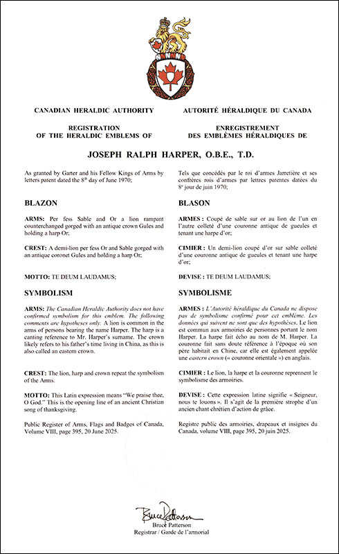 Lettres patentes enregistrant les emblèmes héraldiques de Joseph Ralph Harper