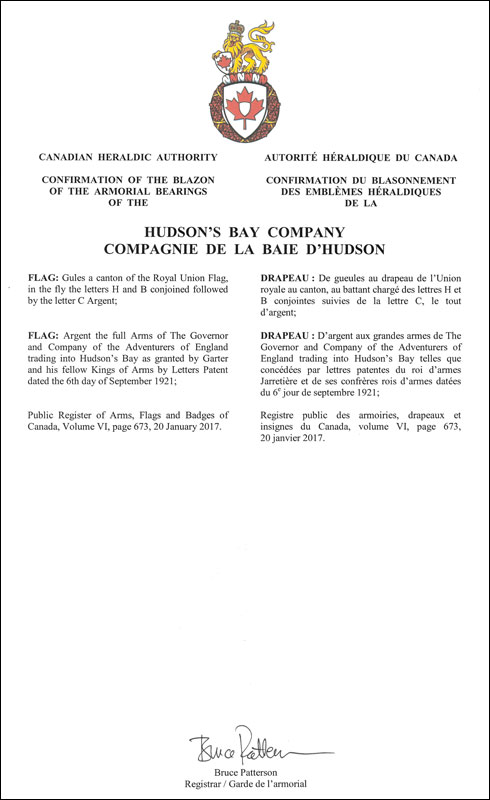 Lettres patentes confirmant les drapeaux de la Compagnie de la Baie d'Hudson