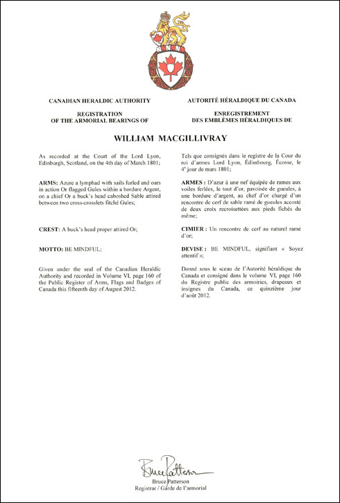 Lettres patentes enregistrant les emblèmes héraldiques de William Macgillivray