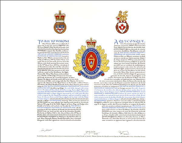 Letters patent granting heraldic emblems to The Royal United Services Institute of Medicine Hat