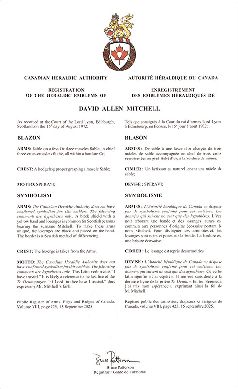 Lettres patentes enregistrant les emblèmes héraldiques de David Allen Mitchell