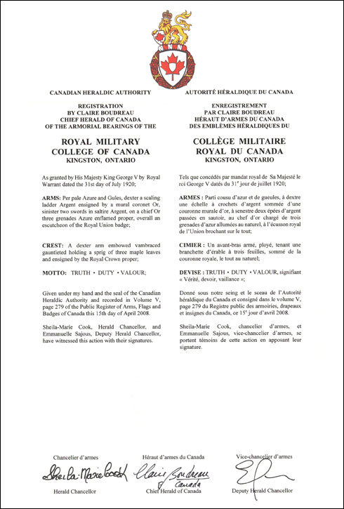 Letters patent registering the heraldic emblems of the Royal Military College of Canada