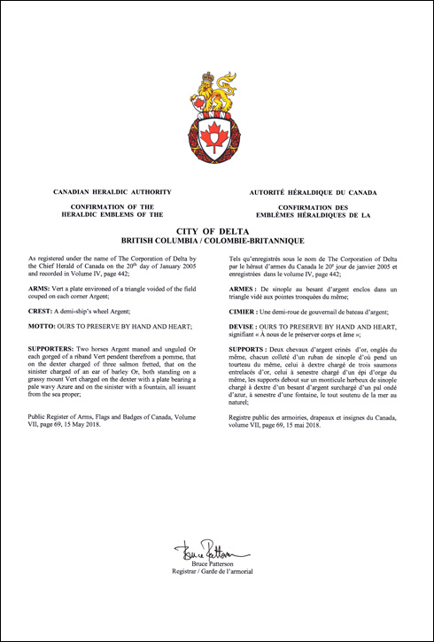 Letters patent confirming the heraldic emblems of the City of Delta