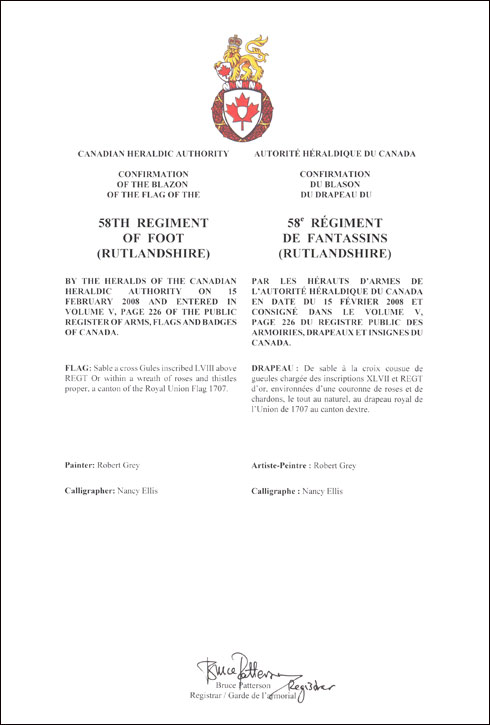Letters patent confirming the blazon of the Flag of the 58th Regiment of Foot (Rutlandshire)