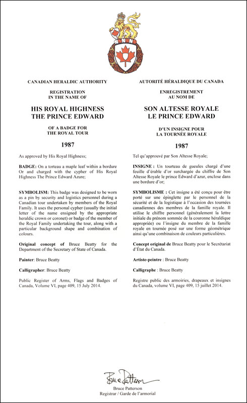 Lettres patentes enregistrant les emblèmes héraldiques du prince Edward