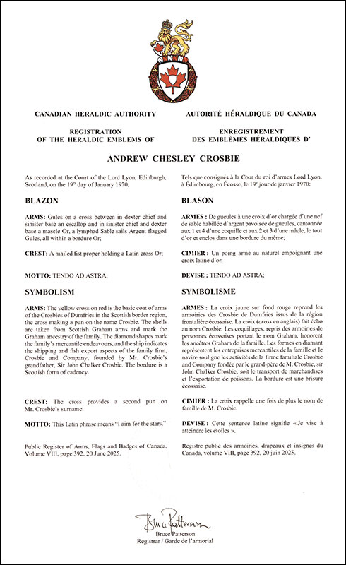 Lettres patentes enregistrant les emblèmes héraldiques d'Andrew Chesley Crosbie