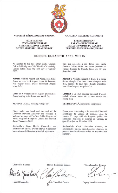Lettres patentes enregistrant les emblèmes héraldiques de Deirdre Elizabeth Anne Millin
