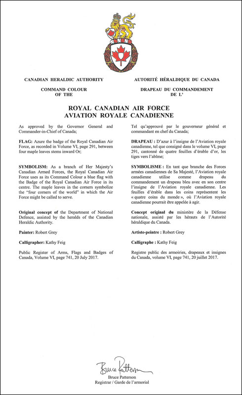 Letters patent approving the Command Colour of the Royal Canadian Air Force