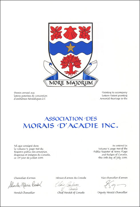 Letters patent granting heraldic emblems to L'Association des Morais d'Acadie Inc.