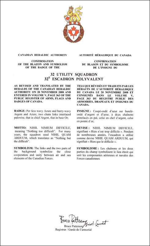 Lettres patentes confirmant le blasonnement de l'insigne du 32e Escadron polyvalent
