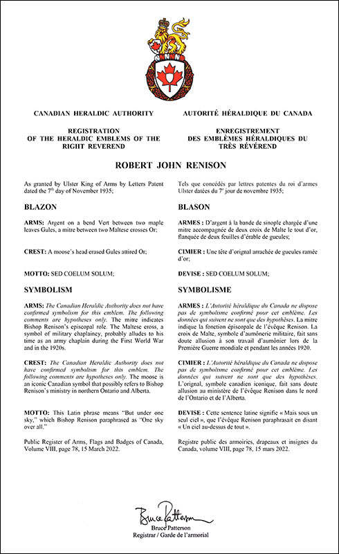 Letters patent registering the heraldic emblems of Robert John Renison