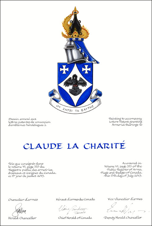 Letters patent granting heraldic emblems to Claude La Charité