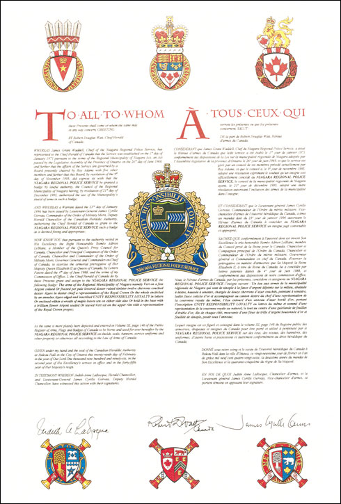 Letters patent granting a Badge to the Niagara Regional Police Service