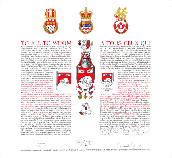Letters patent granting heraldic emblems to Robert Patrick Ryan